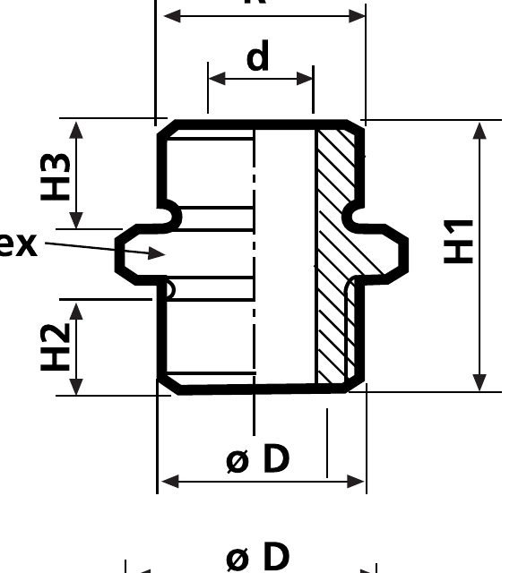Esquema dimensional del racor con doble rosca TOBE Tipo NC 3/8